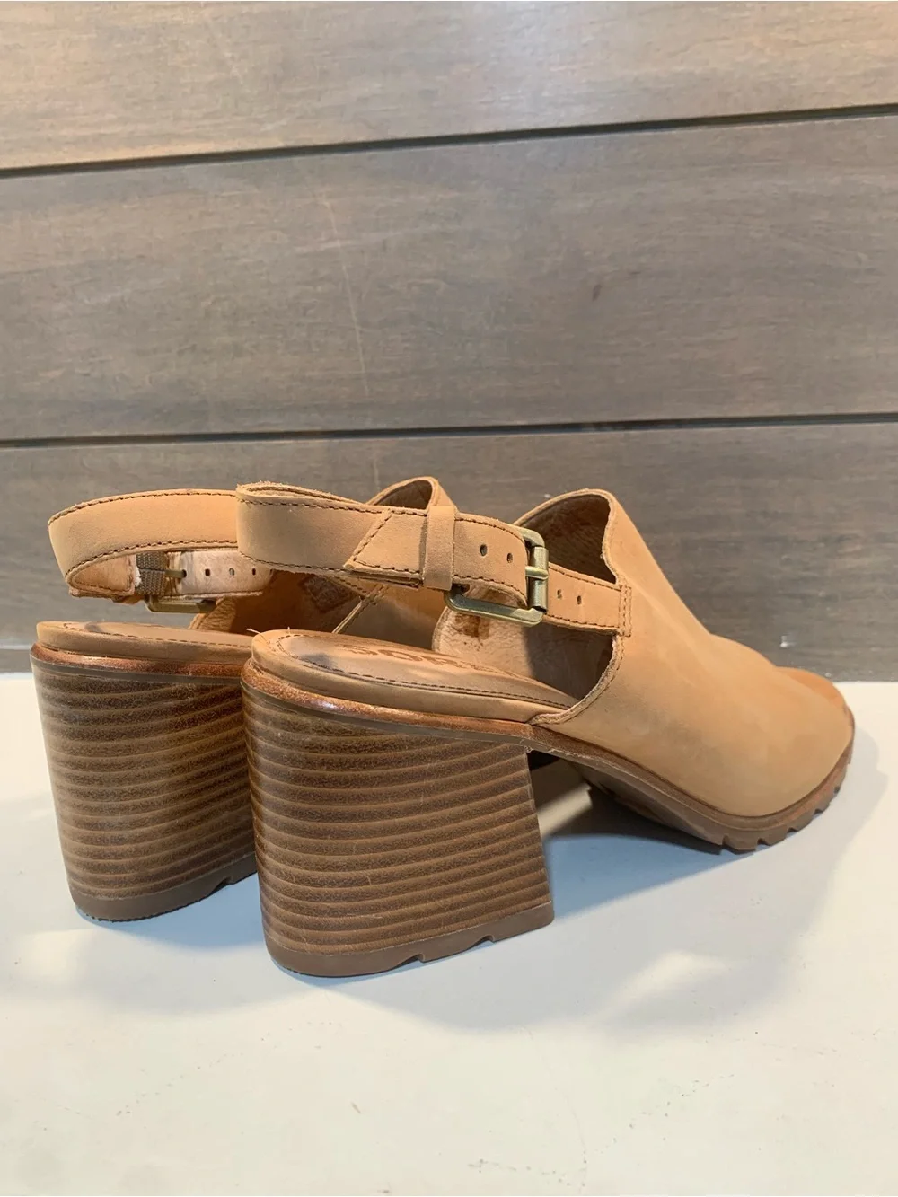 Sorel Tan Leather Open-Toe Slingback Block Heel Sandals